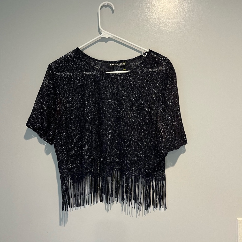 Vintage Mesh Dark Blue Fringe Women's Top